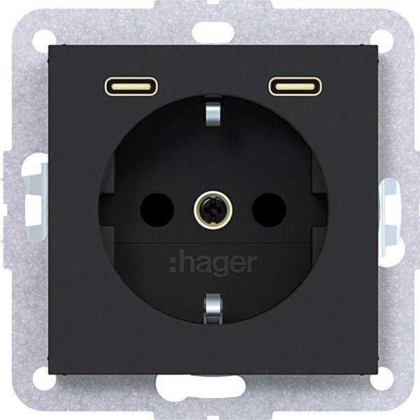 Black Hager elektrische wandcontactdoos met ronde ingebouwde Europese-stijl contactpunt en metalen bevestigingsframe.