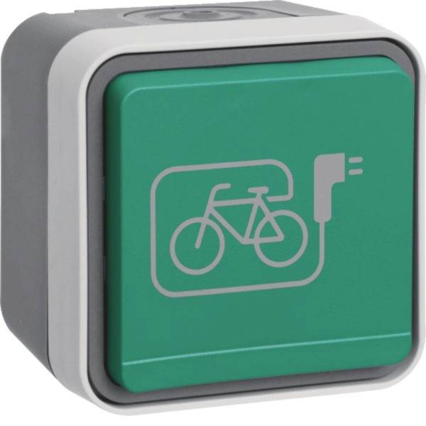 Groen vierkant wandschakelaar met afbeelding van een fiets en stekker, die een laadpunt voor elektrische fietsen of laadereenheid aangeeft.