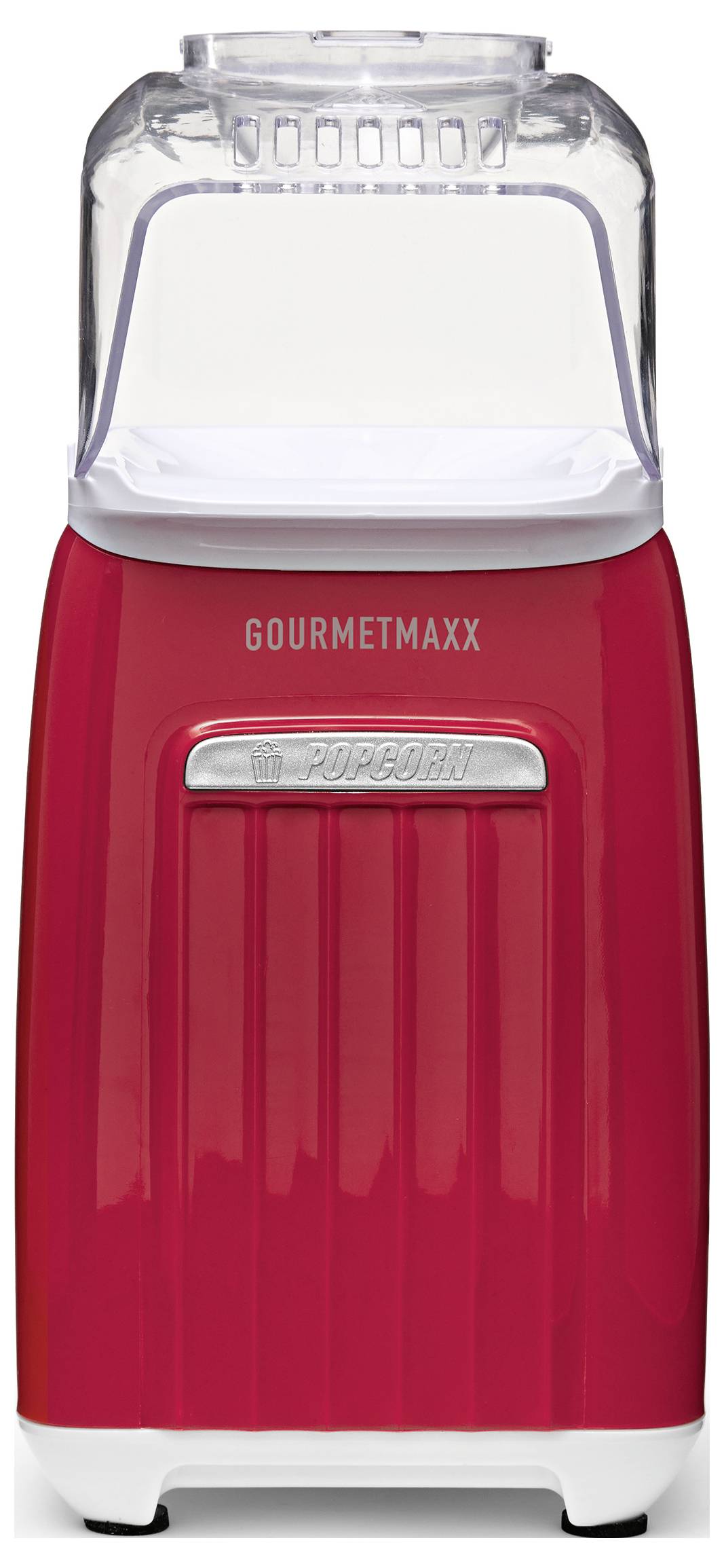 Rode GourmetMaxx popcornmaker met doorzichtig deksel en witte basis, weergegeven in vooraanzicht op een effen achtergrond.