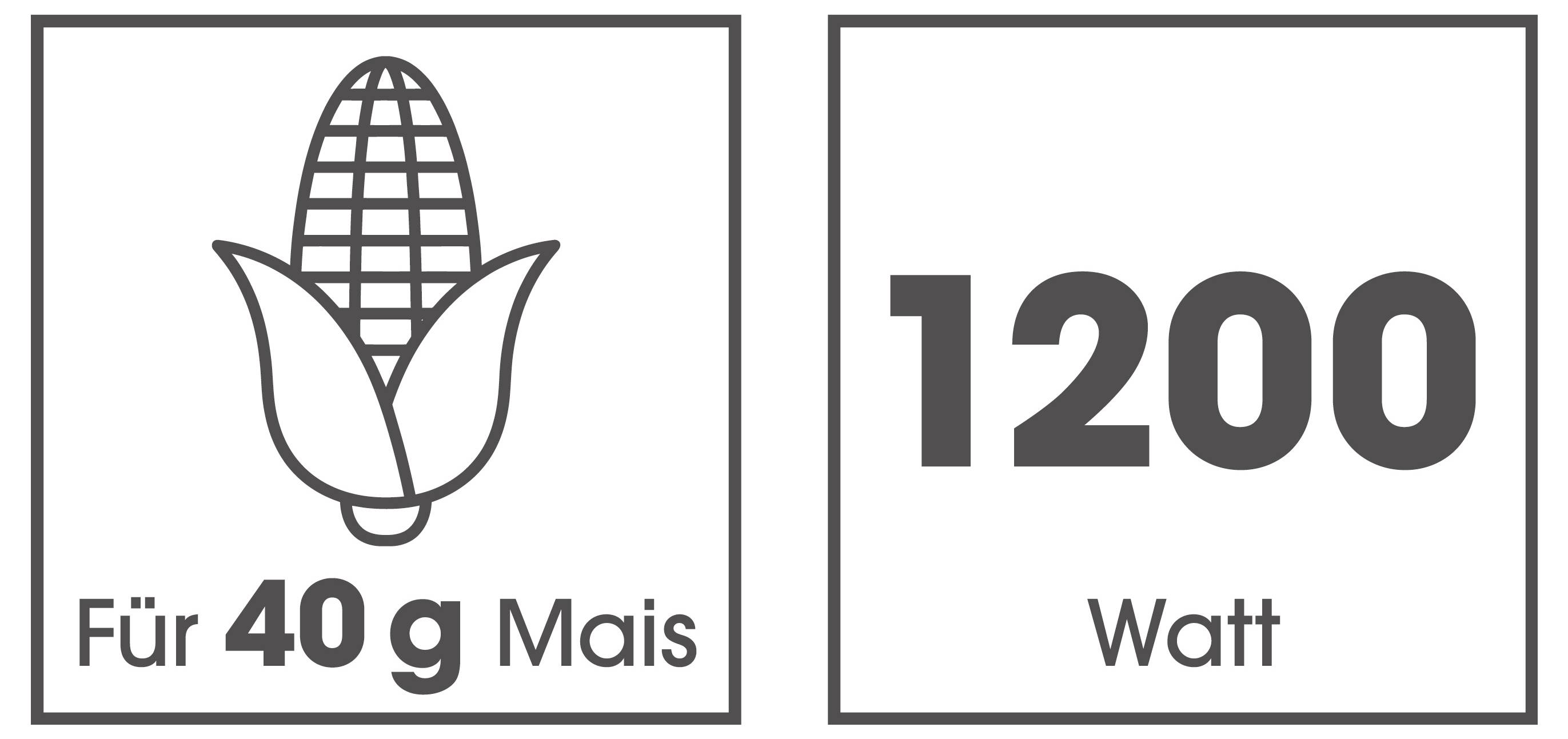 Pictogram van een maïskolfgrafiek met de tekst 'Voor 40 g mais' naast een vermogensspecificatie '1200 Watt'.
