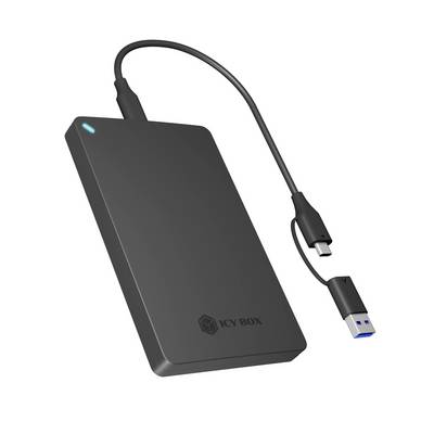 Draagbare externe SSD met bijgevoegd USB-C-kabel en USB-A-adapter, afgebeeld op een witte achtergrond.