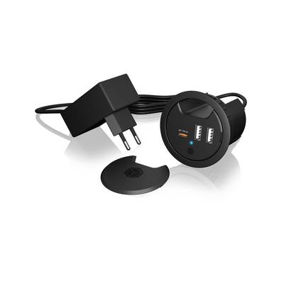 Zwarte USB-laderset met stroomadapter, ronde hub met twee USB-poorten en een flipkap, plus een kleine bijpassende dop op een witte achtergrond.