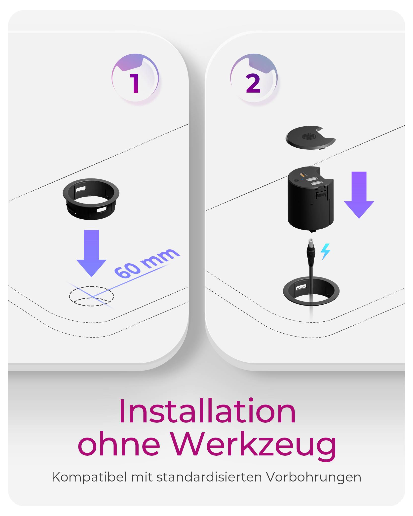 Installatiehandleiding zonder gereedschap: stap 1 plaats de ring in een voorgeboor gat van 60 mm; stap 2 plaats het apparaat en laat het in de ring zakken. Compatibel met gestandaardiseerde voorboorgatten.
