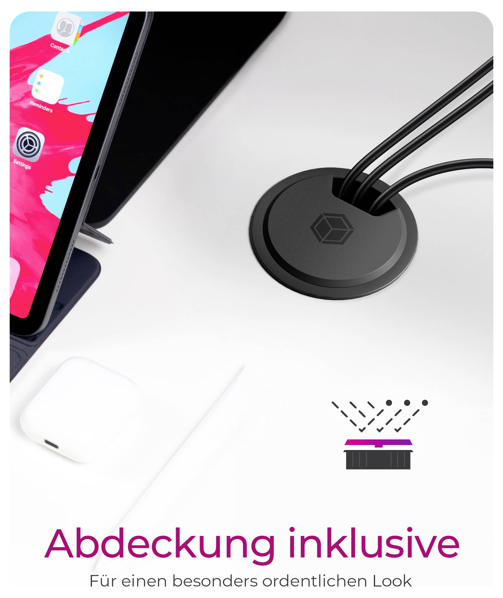 Nederlands advertentie voor een bureaukabelgrommet, waarin een monitorstandaard wordt getoond, kabels door een zwarte afdekking geleid, en tekst 'Afdekking inbegrepen' met 'Voor een bijzonder nette uitstraling'.