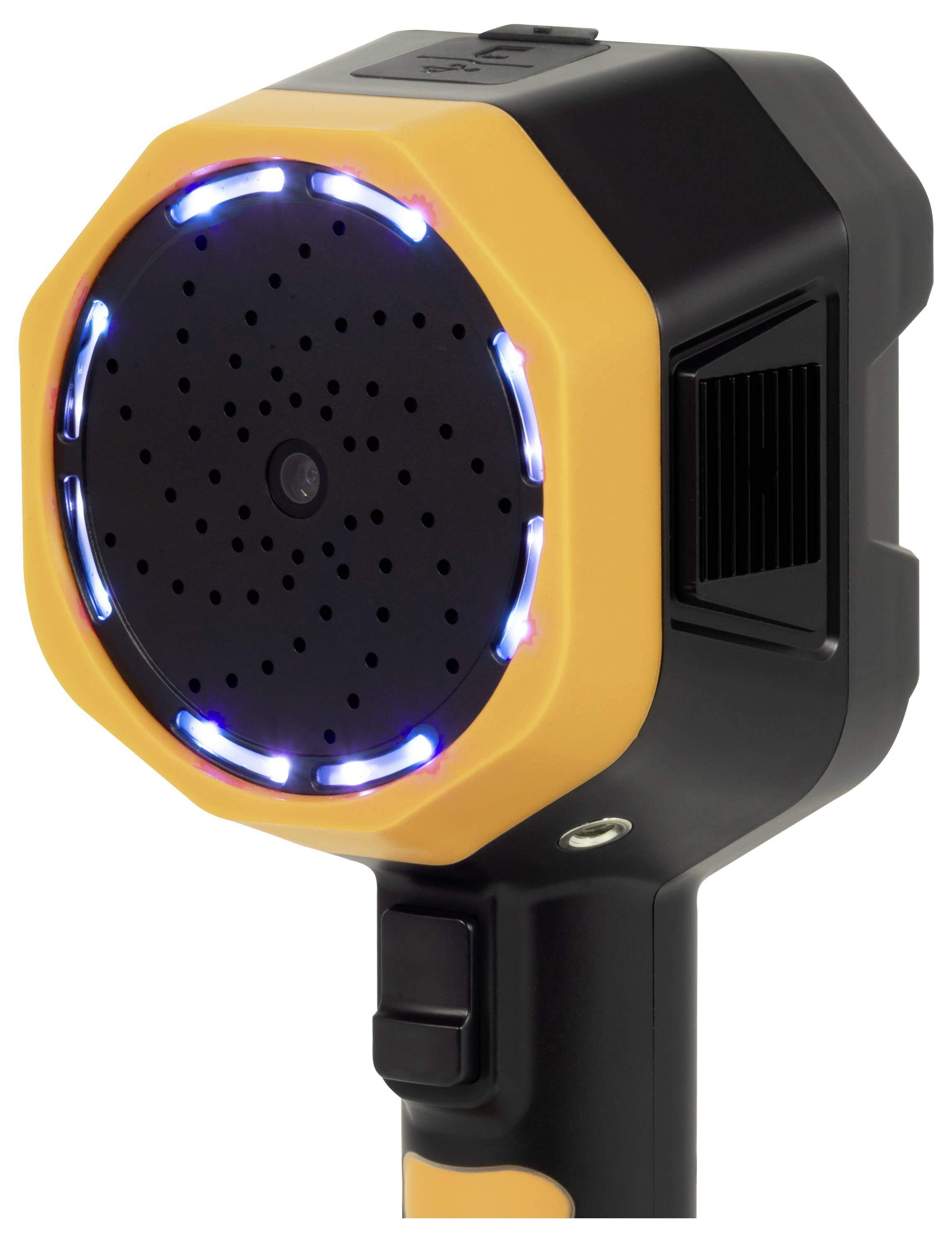 Close-up van een handheld apparaat met een circulair spreker- of sensorvlak omlijst door blauwe LED-lampen en een oranje-zwarte behuizing.
