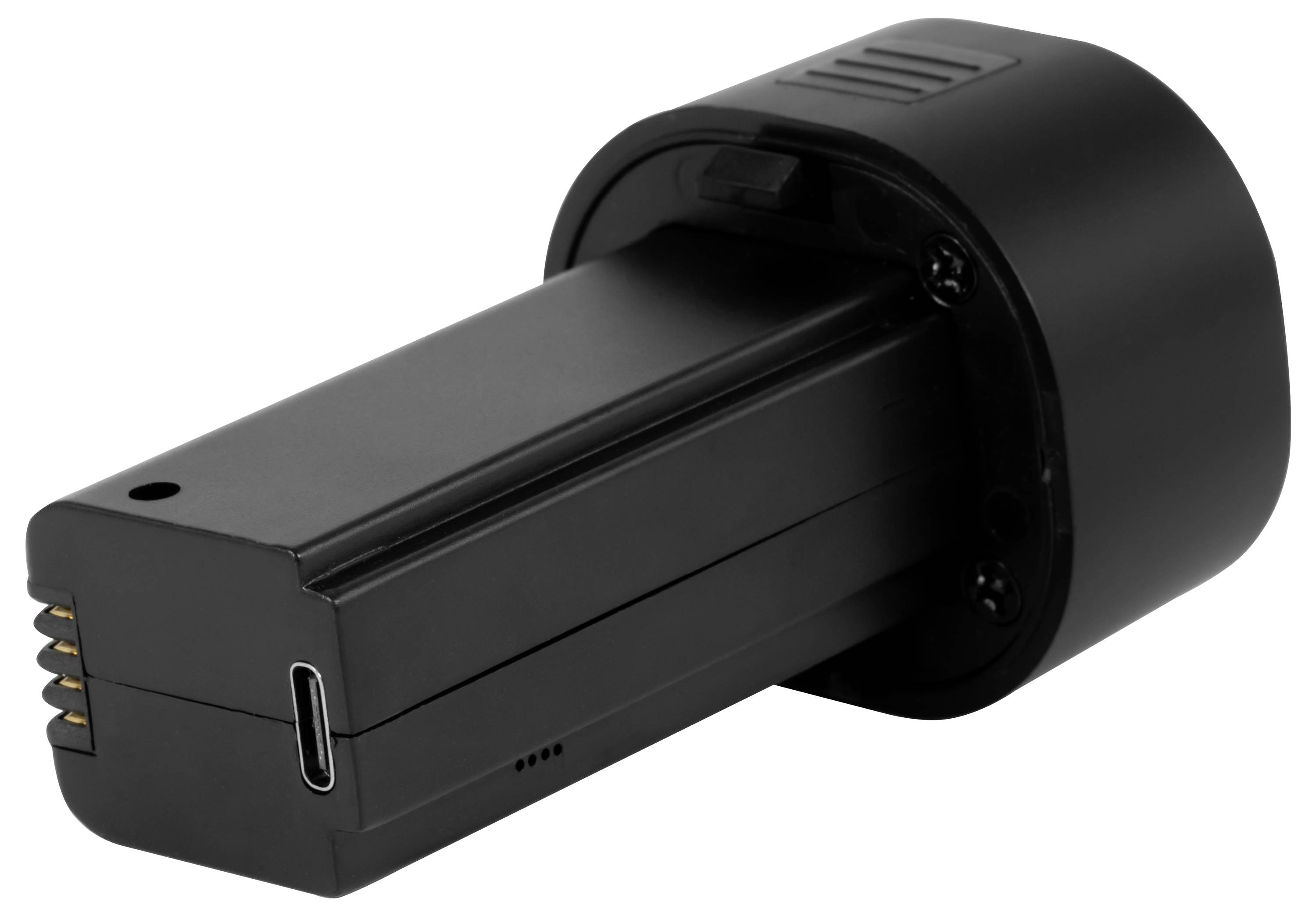Zwarte oplaadbare batterijset met USB-C-aansluiting en zichtbare contactpunten, getoond tegen een witte achtergrond.
