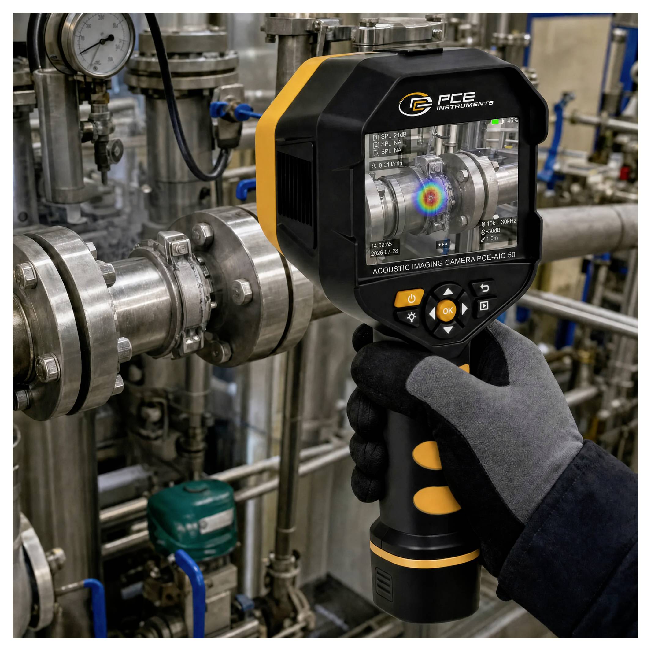 Handheld PCE akoestische beeldvormingscamera inspecteert een pijpflens in een industriële fabriek, met een heatmap-weergave van een lek of geluidsbron op de verbinding.