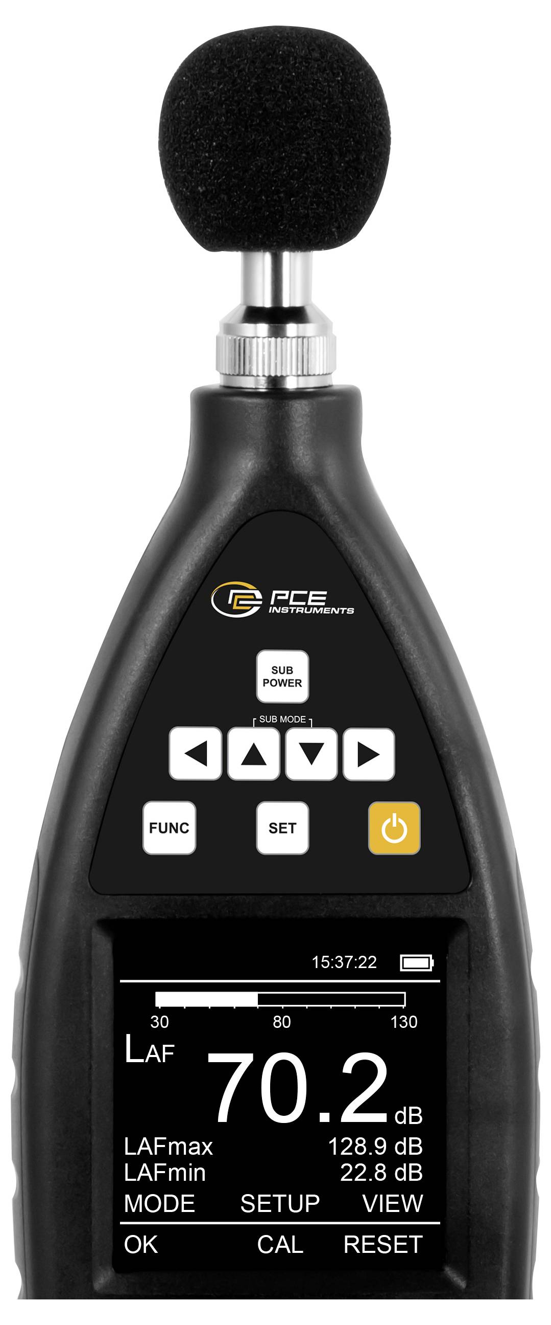 Handheld geluidniveaumeter met schuimrubber microfoon, bedieningsknoppen en digitaal display met weergave van 70,2 dB LAF.