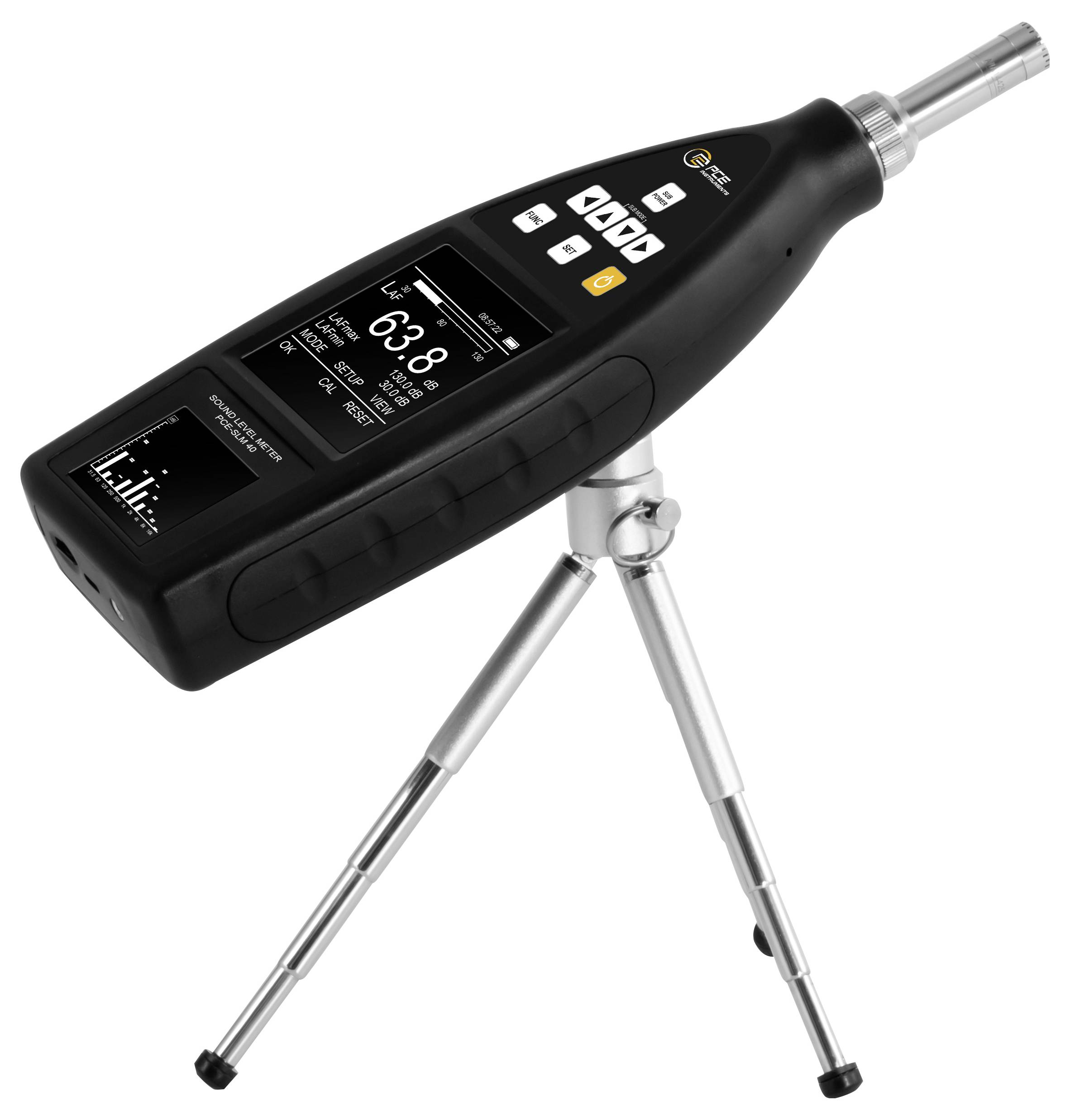 Draagbare digitale geluidsniveaumeter op een statief, met een aflezingvan 63,8 dB op het scherm.