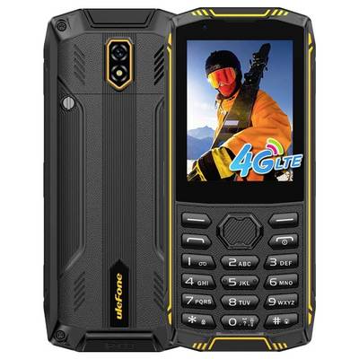 Robuuste zwarte uleFone-functietelefoon weergegeven van voor en achter, met fysiek toetsenbord, dubbele achteraamera en scherm met een skiër en '4G LTE'.