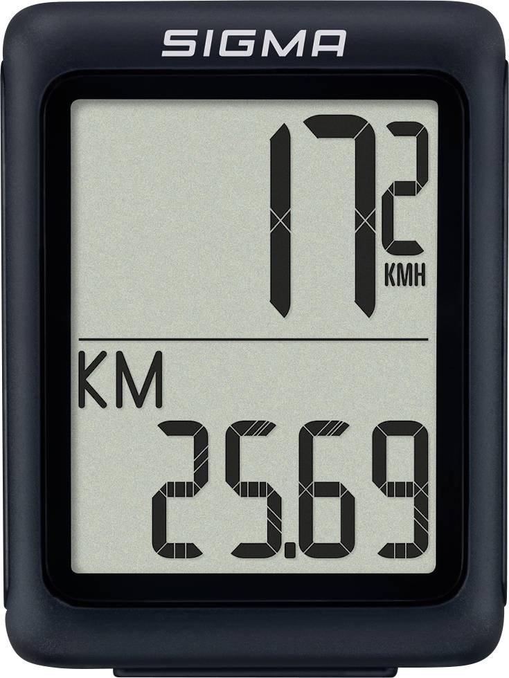 Sigma-fietscomputer-display met snelheid 17,2 km/h en kilometerteller 25,69 km.