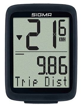 Sigma fietscomputer display met snelheid 21 km/h en tripafstand 9,86 km.