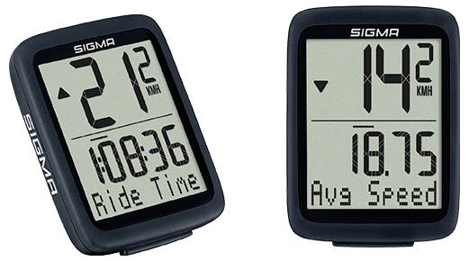 Twee Sigma fietscomputers geven snelheid en ritstatistieken weer, met 2 km/h en ritduur 10:36 en 14 km/h met gemiddelde snelheid 18,75.