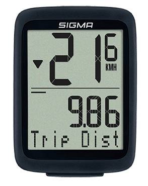 Digitale SIGMA fietscomputer met weergave van snelheid 21 km/h en tripafstand 9,86.