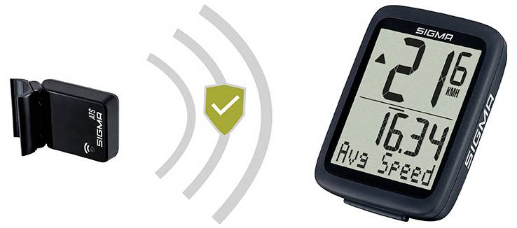 Draadloze fietsspeedometer en fietscomputer gekoppeld met groen schild pictogram dat veilige verbinding aangeeft.