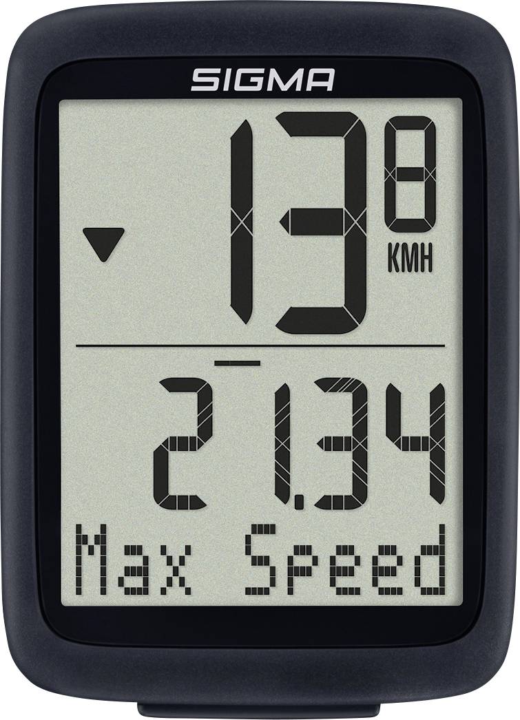 Sigma fietscomputer display met huidige snelheid 13 km/h en maximale snelheid 21,34 km/h.