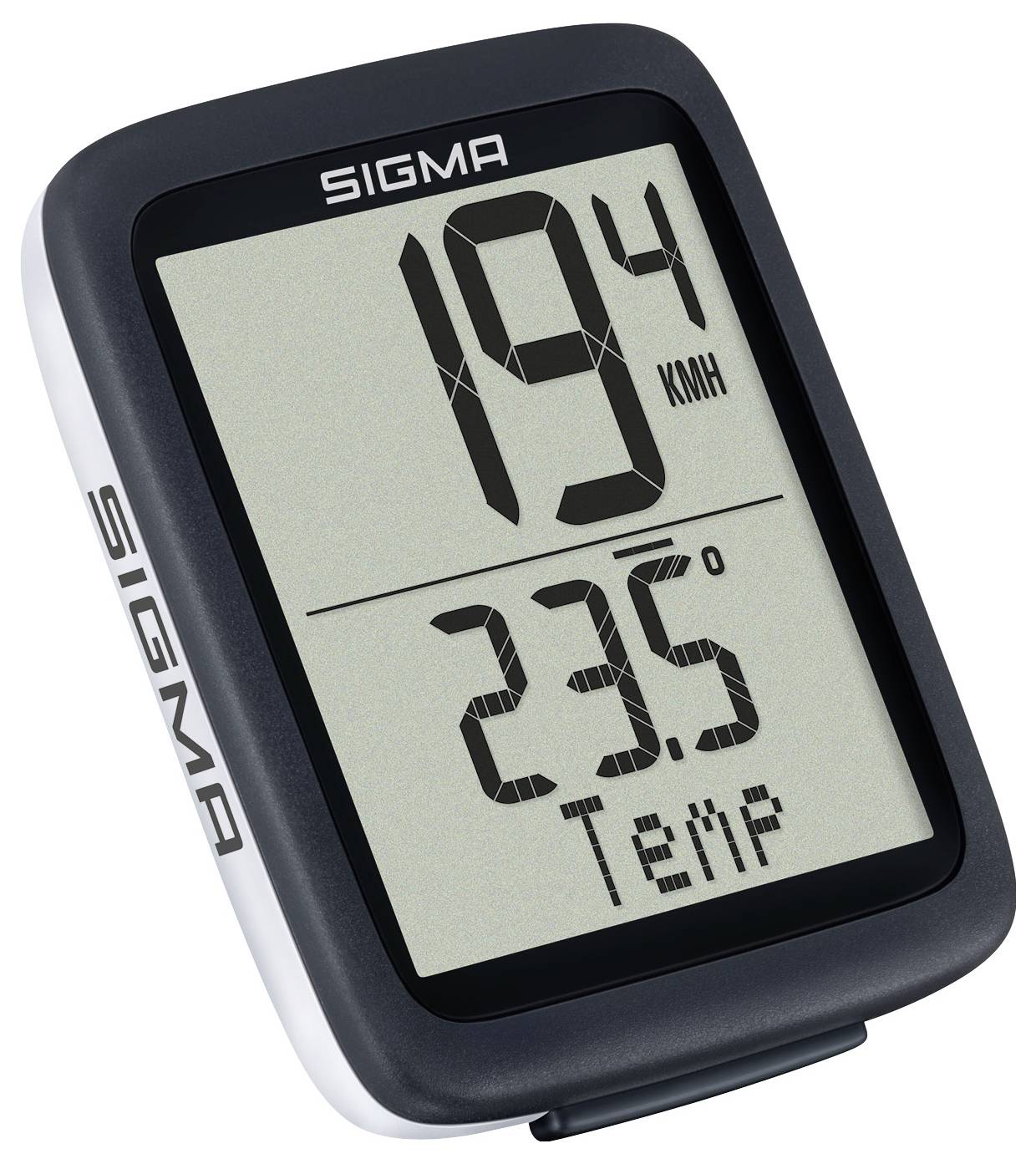 Digitaal SIGMA-apparaatdisplay met snelheid 19,4 km/u en temperatuur 23,5°C.