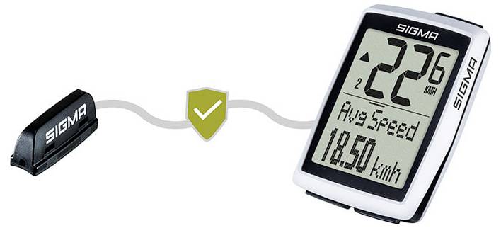 Draadloze fietscomputer met sensor en hoofdunit verbonden door een signaal, met een weergave van snelheid 22,6 km/u en gemiddelde snelheid 18,50 km/u.