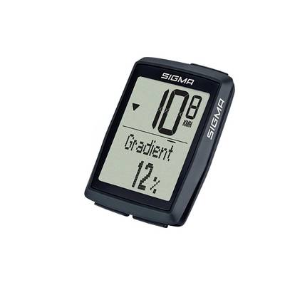 Sigma fietscomputer display met 108 km/u en 'Gradient 12%' op een zwart apparaat