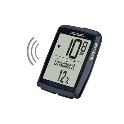 Sigma fietscomputer met weergave van 10 km/u en 12% hellinggraad, met draadloze signaalgolven die de sensorverbinding aangeven.