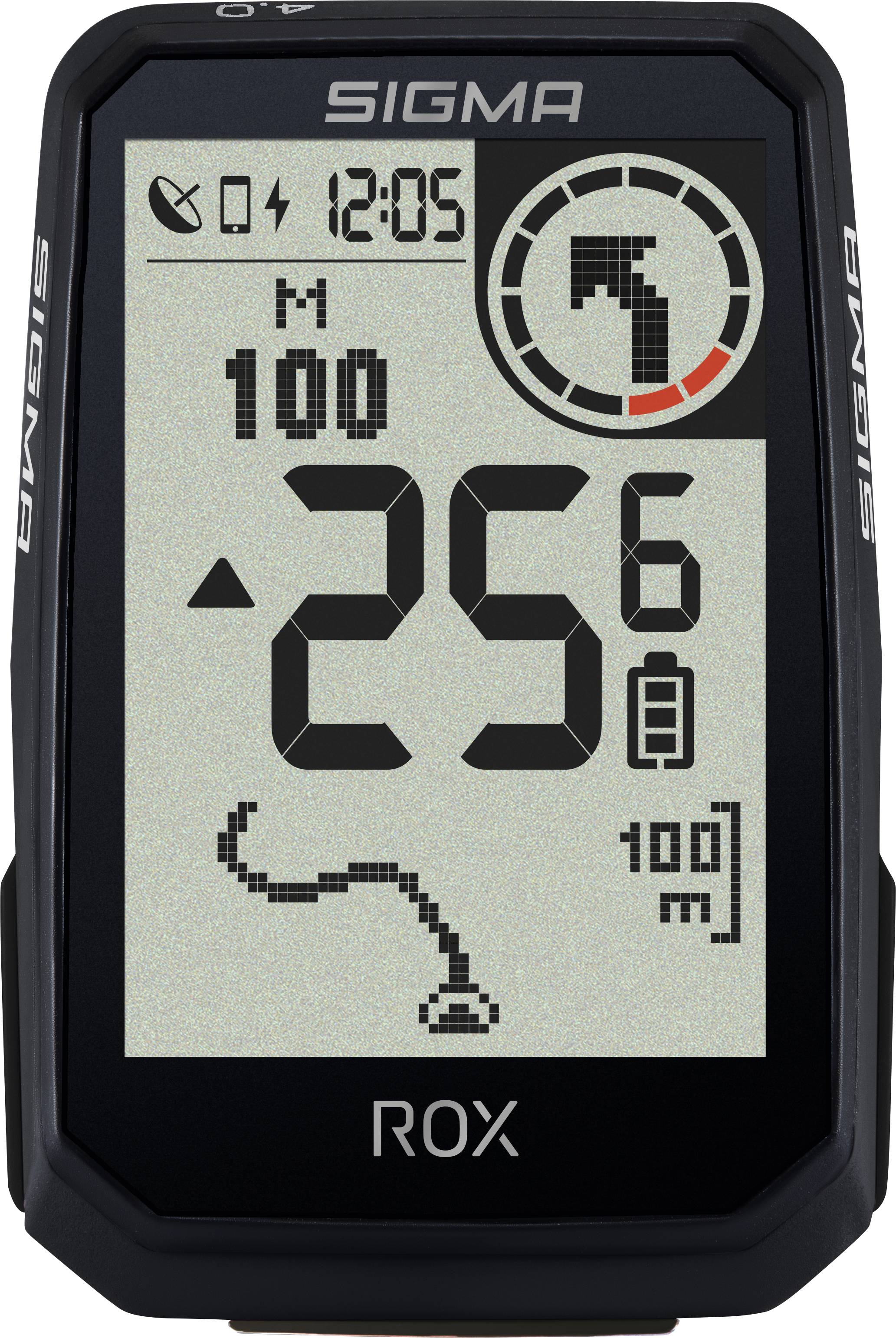 Sigma ROX fietscomputer scherm toont 25,6 km/u, 100 m hoogte, 12:05 en een routekaart met afslagpijl en batterij-indicator.