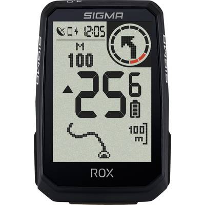 Sigma ROX fietscomputer scherm toont 25,6 km/u, 100 m hoogte, 12:05 en een routekaart met afslagpijl en batterij-indicator.
