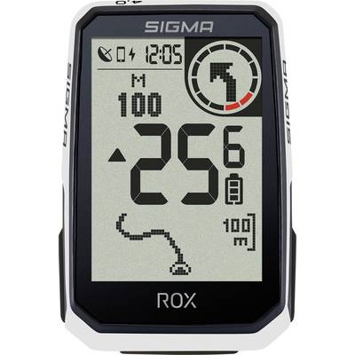 Sigma ROX fietscomputer scherm met 25,6, M 100, tijd 12:05, navigatiepijl, batterij en route-/trackingsindicator.
