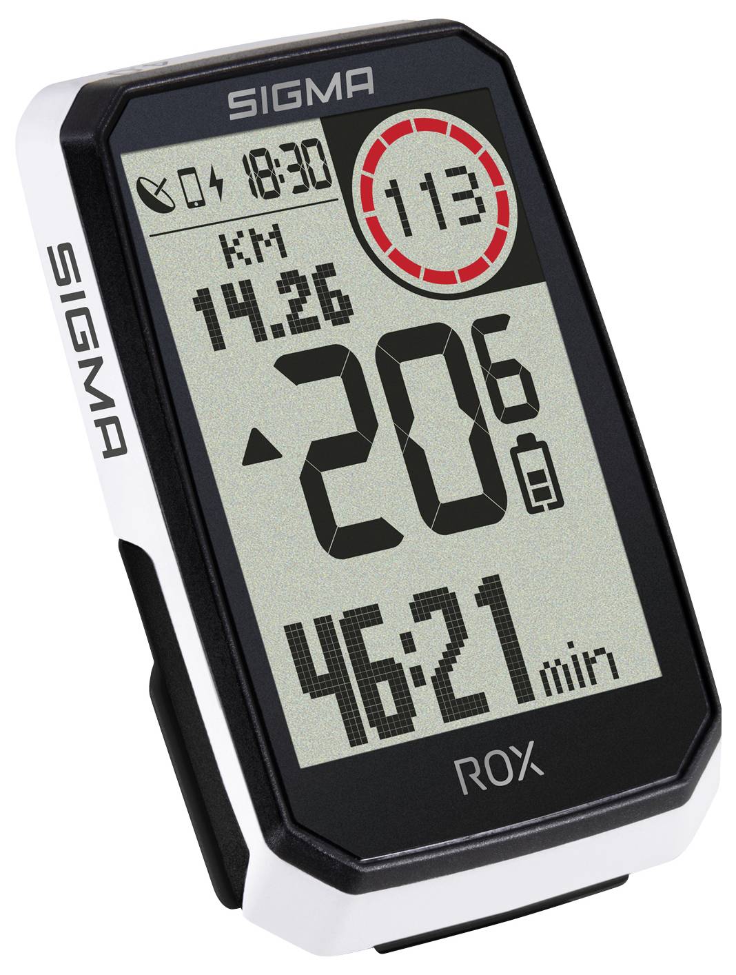 Digitale fietscomputer-display met snelheid 20,6 km/u, afstand 14,26 km, tijd 46:21 en een rood omcirkeld getal van 113.
