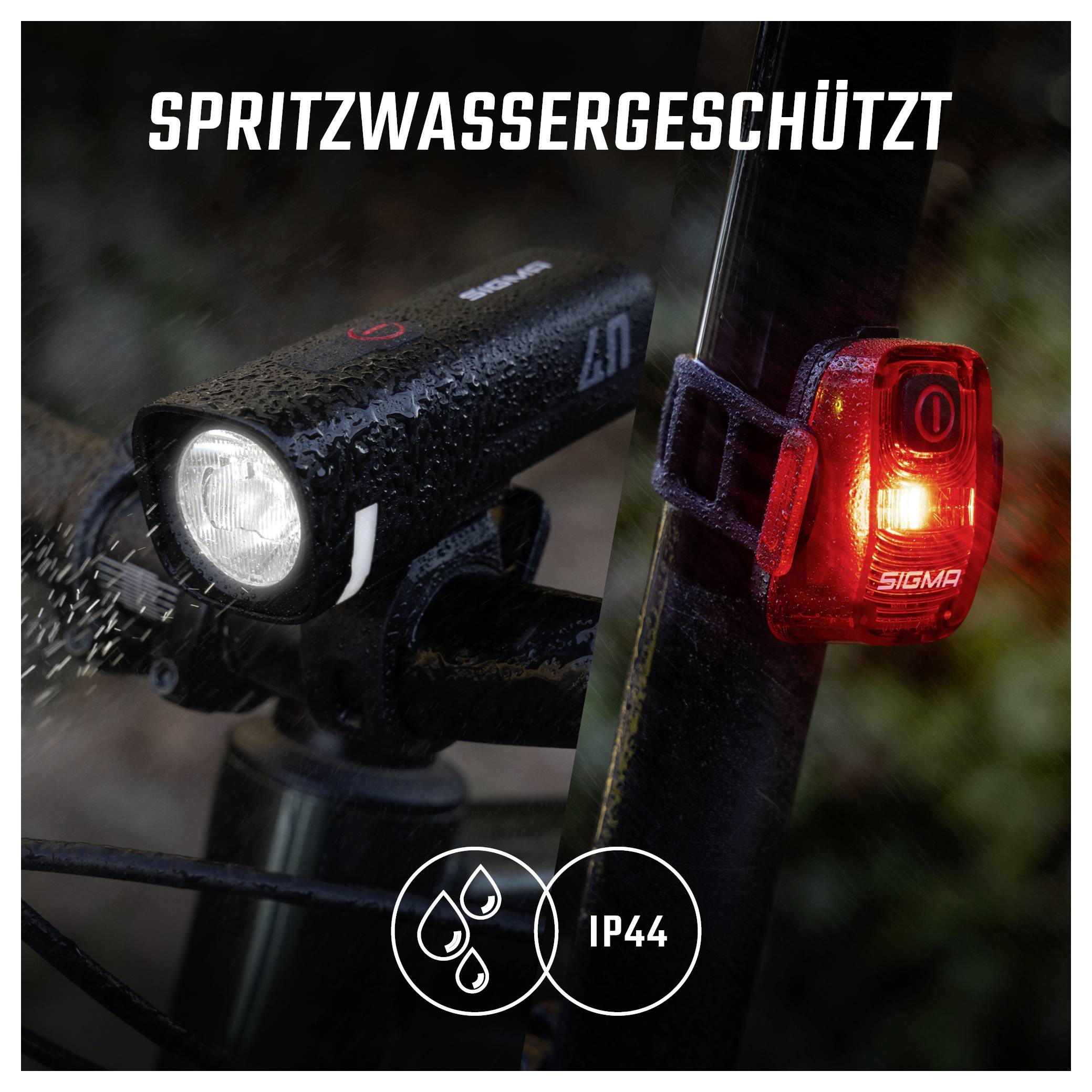 Fietsverlichting met voor- en achterlicht in de regen; tekst 'SPATTERWATERBESTENDIG' en symbool 'IP44' tonen spatterwaterbescherming.