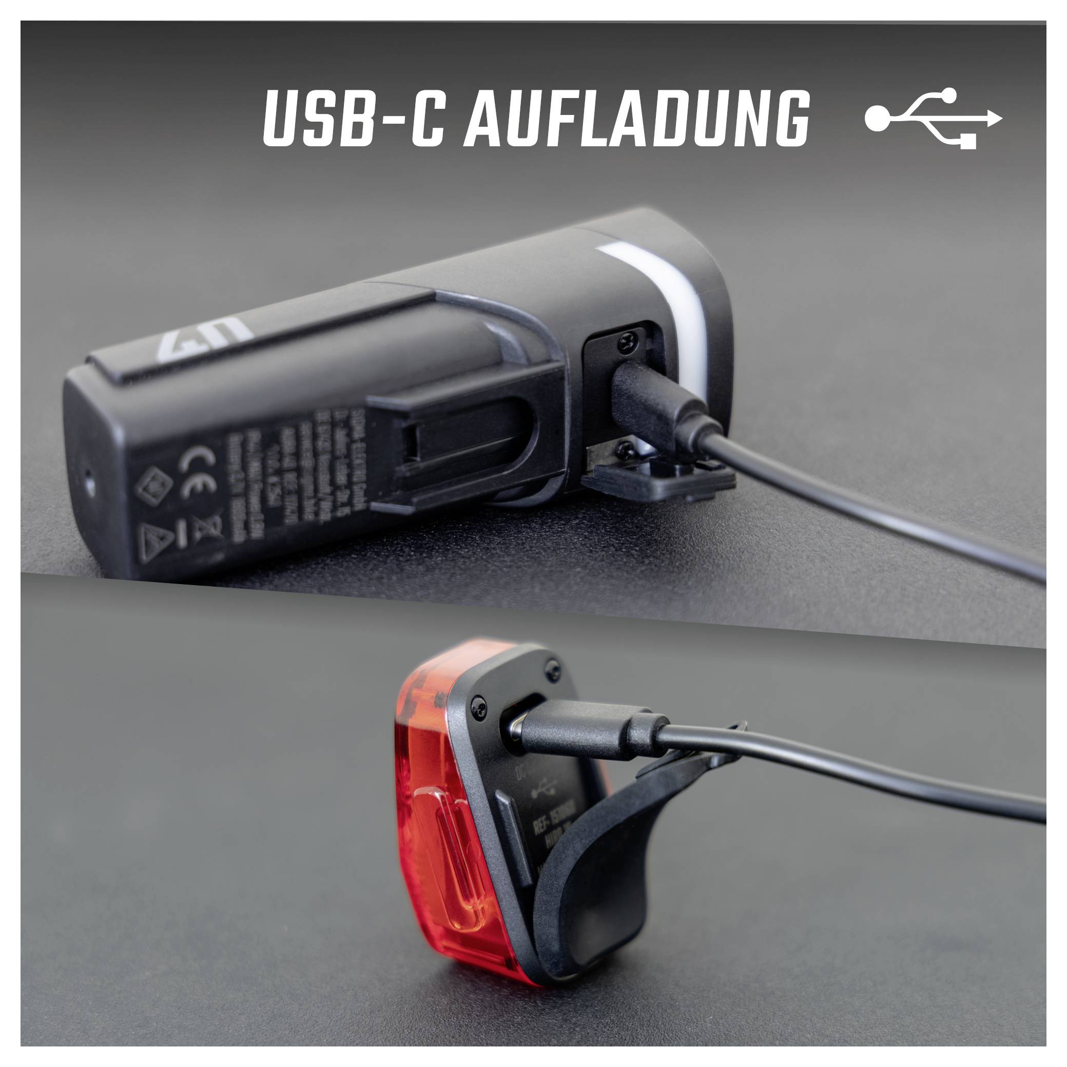 Twee aanzichten van een fietslamp met USB-C-laadaansluiting en ingesteken kabel; bovenaan de laadpoort, onderaan het rode licht in laadmodus.