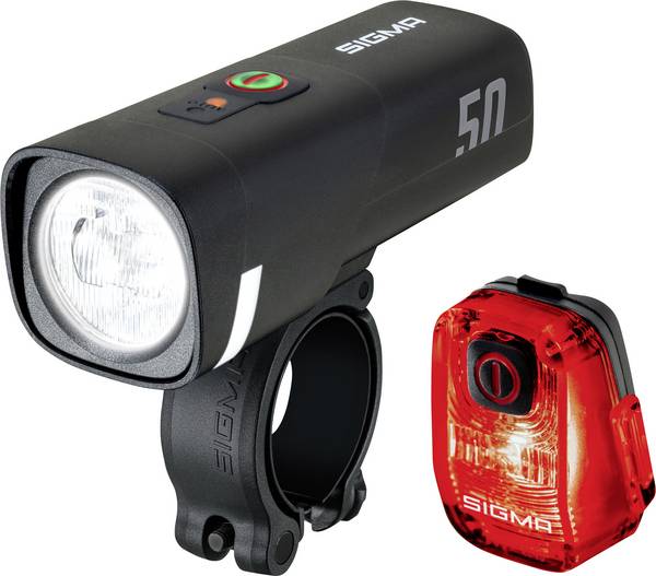Sigma Aura 50 / Hiro 10 Set Fietsverlichtingsset LED-lamp werkt op batterij werkt op een accu Zwart