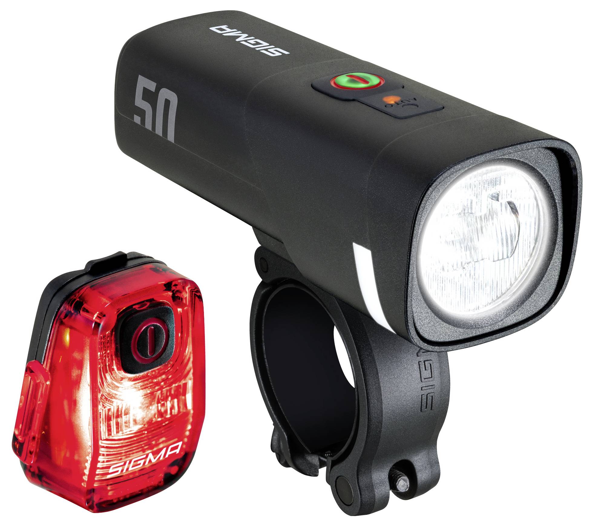 Zwarte Sigma fietsvoorkoplamp met beugel en rode achterlicht, afgebeeld op een witte achtergrond.