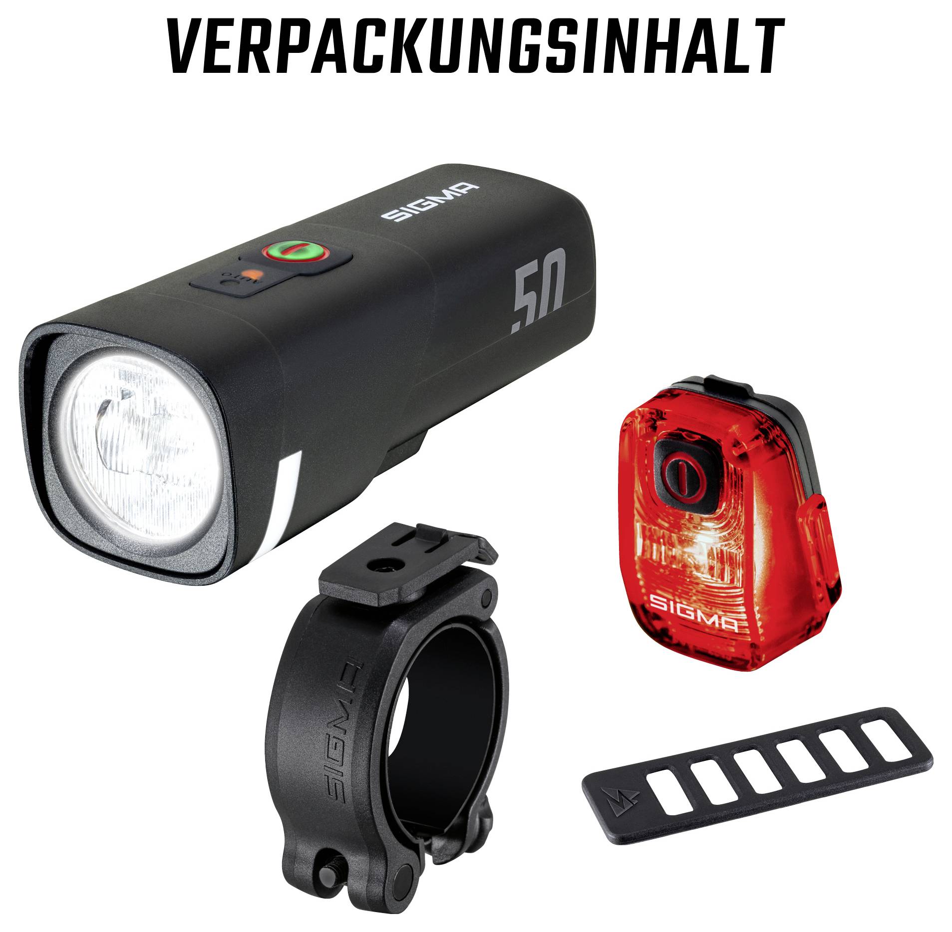 Set voor fietsverlichting: zwarte frontlamp, rode achterlicht, stuurbeugel en gummistrips, bovenaan met 'VERPAKKINGSINHOUD'