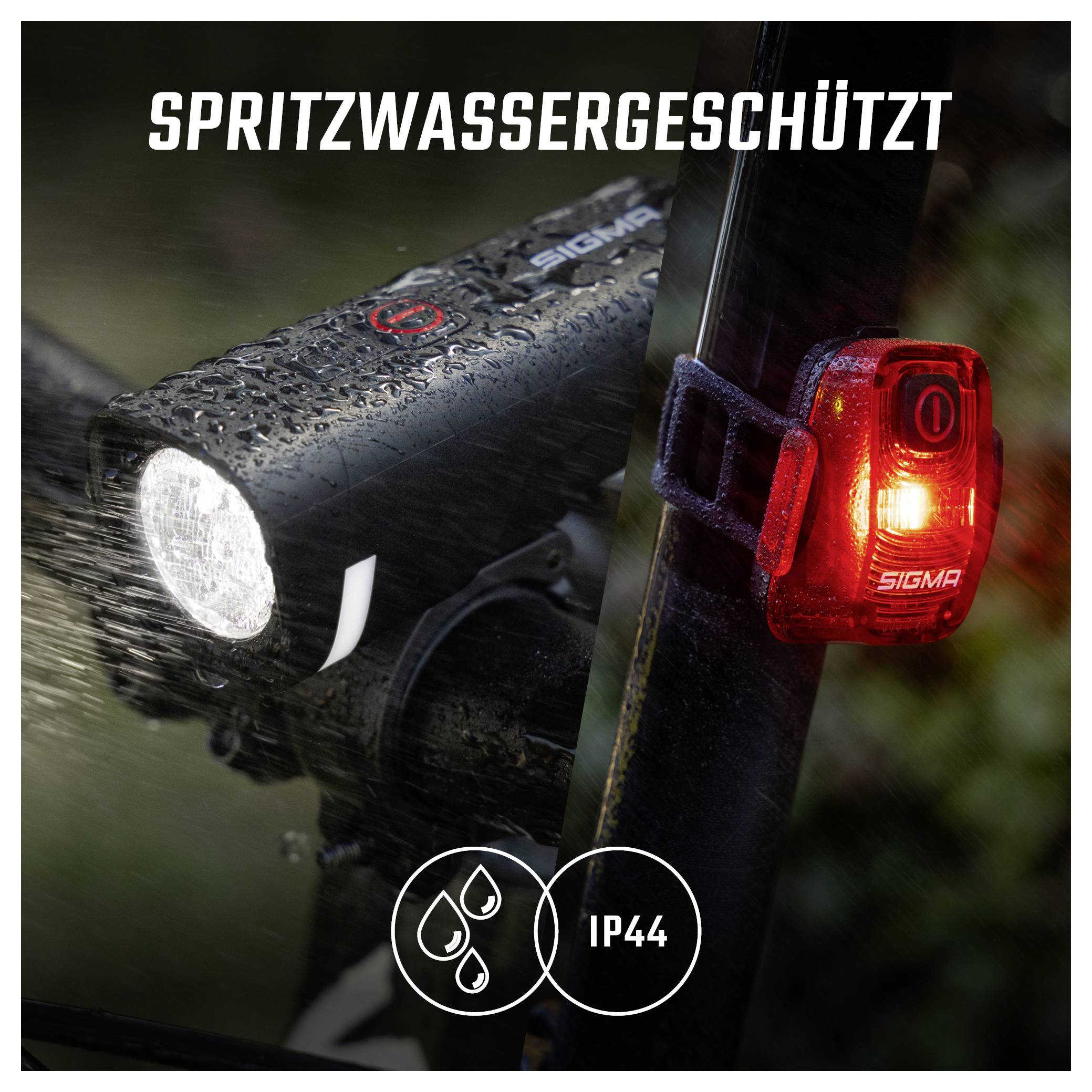 Fietslicht met voor- en achterlicht aan één wiel, gemarkeerd als 'spatwaterdicht'; IP44-symbool toont weersbestendigheid.