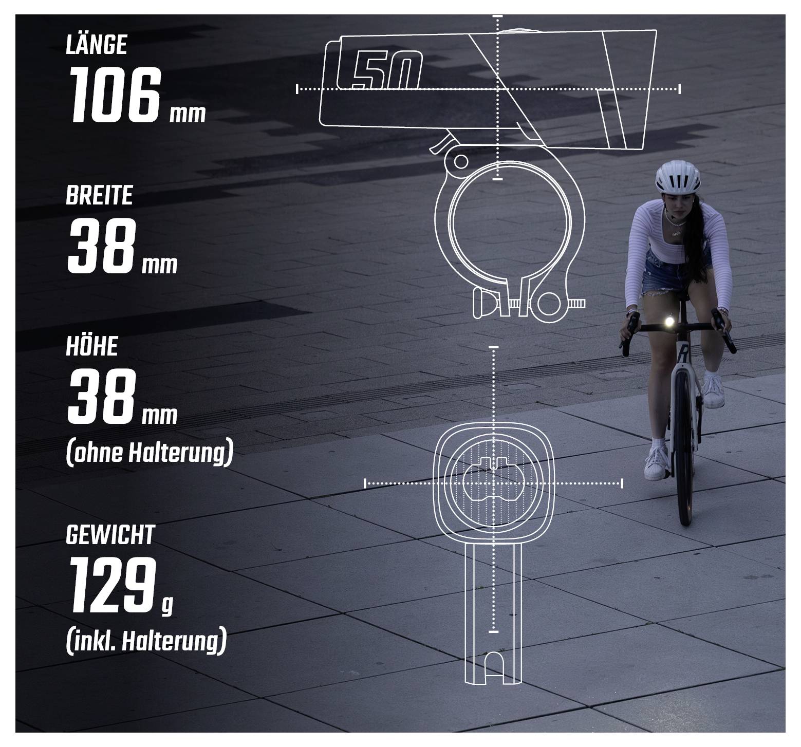 Productafbeelding van een fietskoplamp met fietsster; links de gegevens: Lengte 106 mm, Breedte 38 mm, Hoogte 38 mm zonder beugel, Gewicht 129 g inclusief beugel.