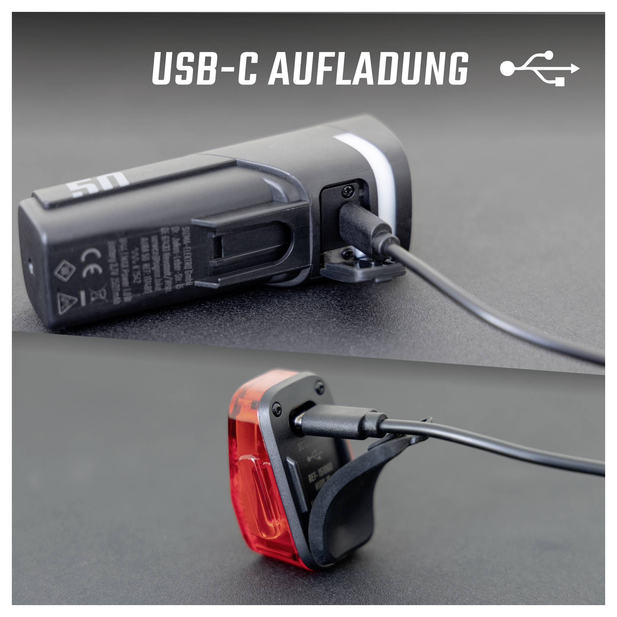 Tweedelig afbeelding van een fietslamp met USB-C-oplaadkabel; bovenaan aansluiting op zwarte lamp, onderaan rode achterlicht tijdens het laden.