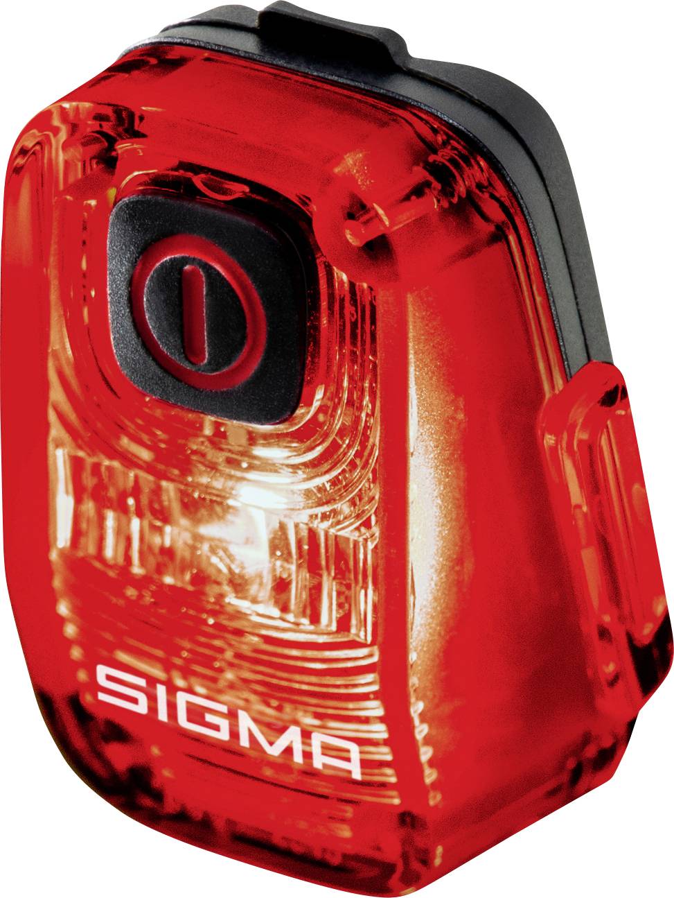 Rood Sigma fietslicht met zwarte aan/uit-knop en helder licht op een witte achtergrond.