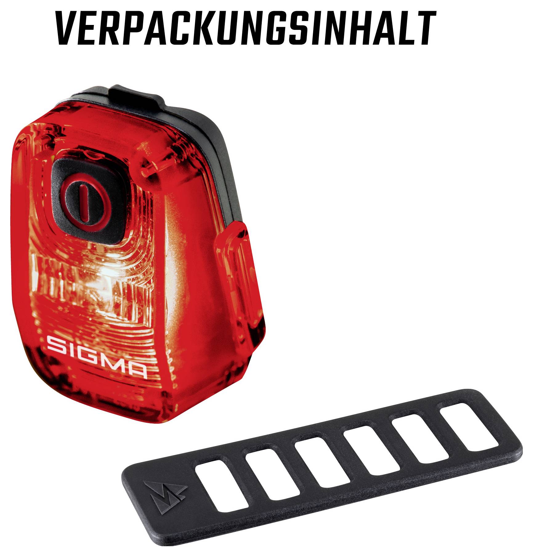 Rood Sigma-achterlicht voor fietsen met zwarte beugel; bovenaan staat 'INHOUD VAN DE VERPAKKING'.