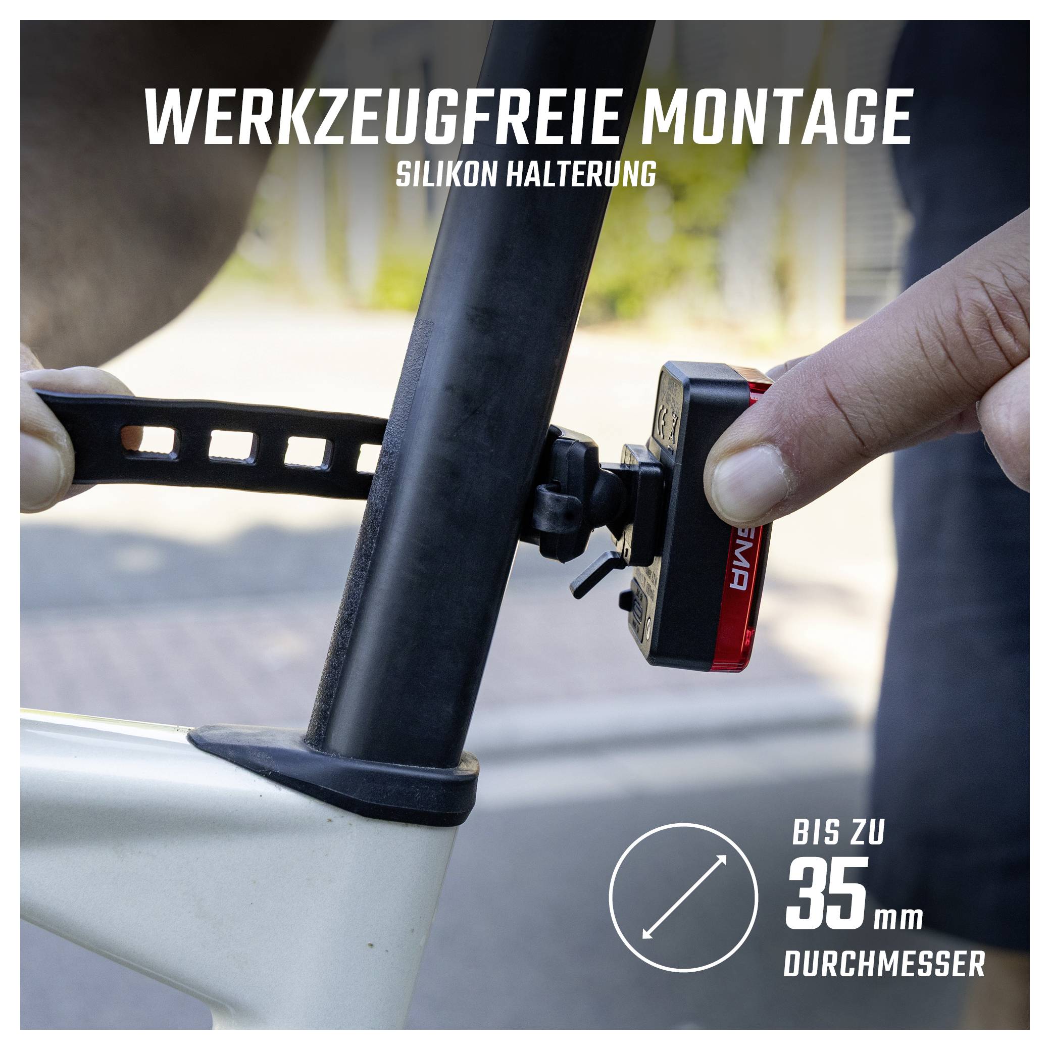 Advertentietekst toont gereedschapsvrije montage van een siliconbevestiging aan een buis; geschikt voor diameters tot 35 mm.
