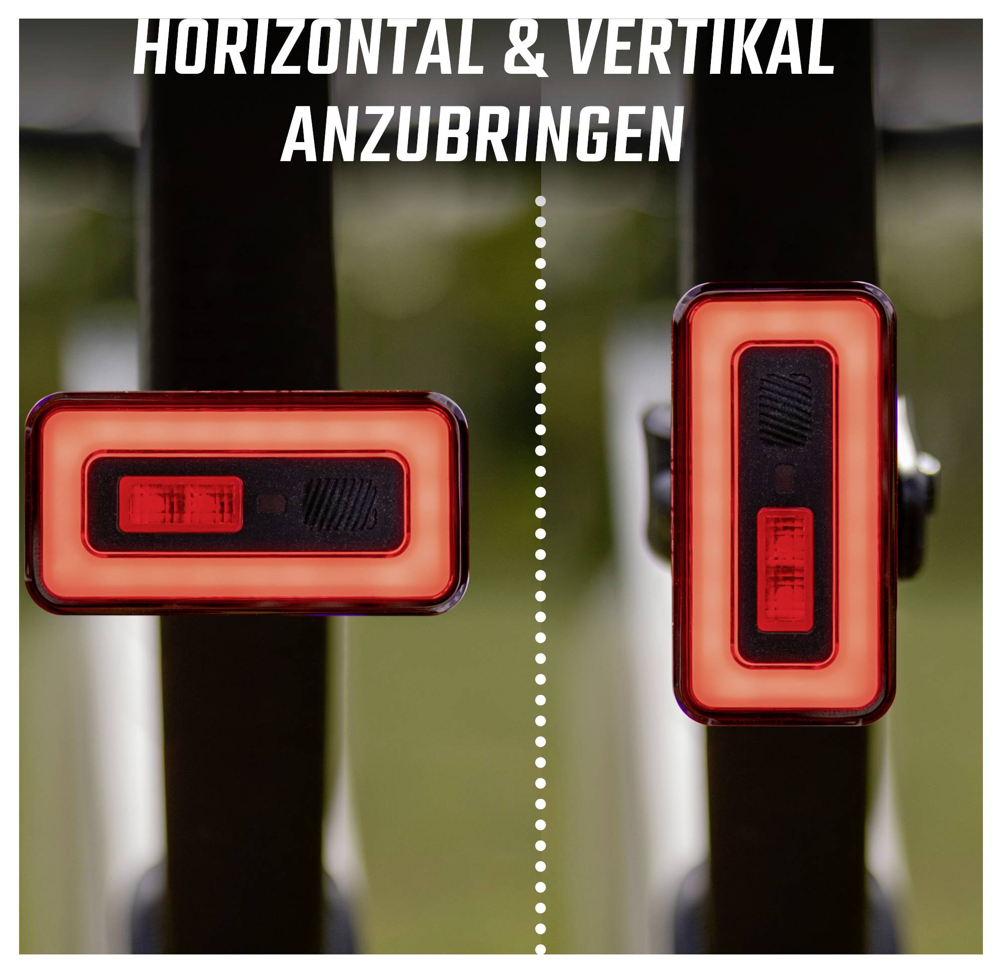 Achterlicht met de aanduidingen 'Horizontaal & verticaal aan te brengen'; links horizontaal, rechts verticaal gemonteerd, gescheiden door een stippellijn.