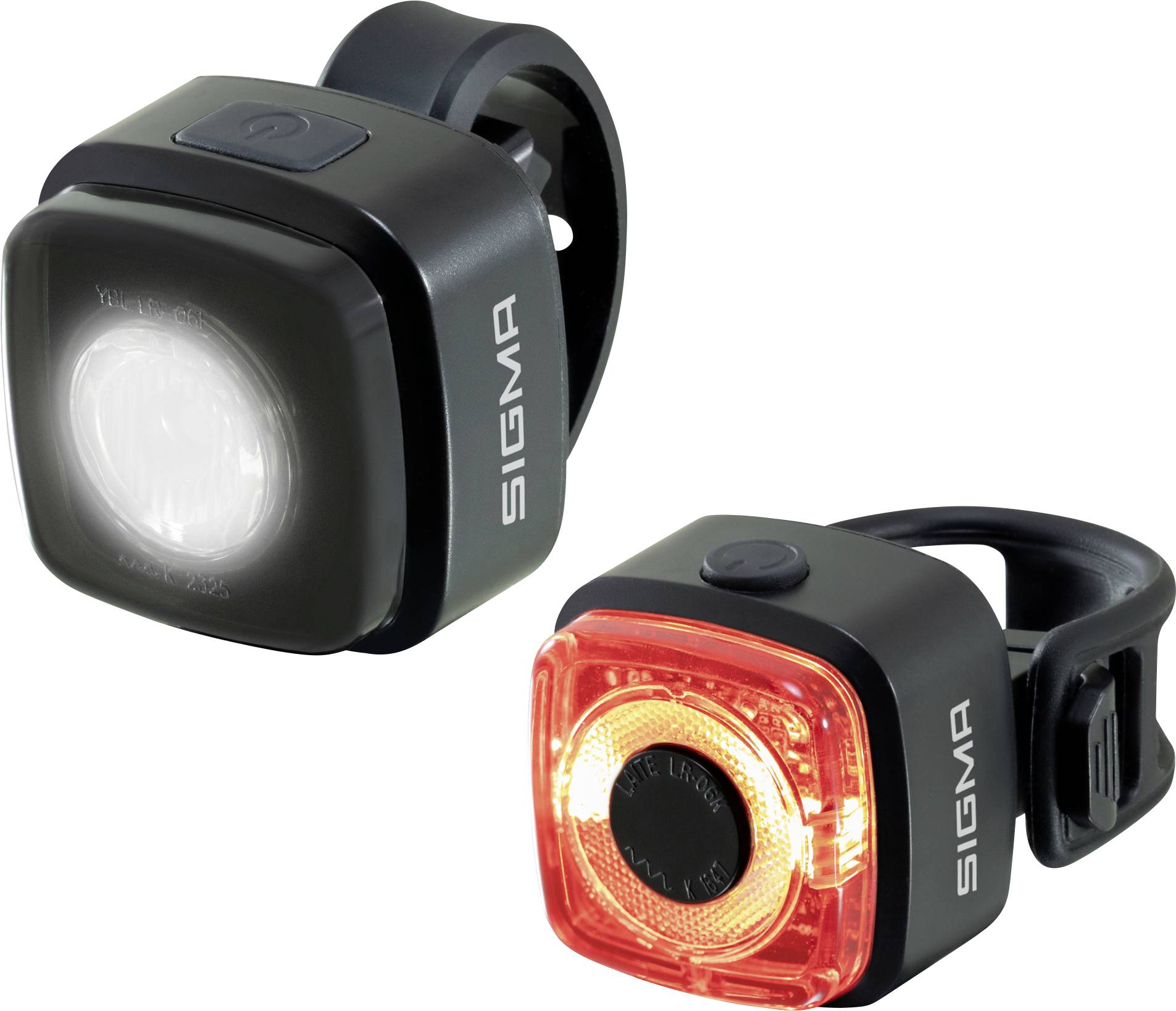 Two Sigma fietslampjes: een wit voorlicht en een rood achterlicht, beide compact en met clipmontage.