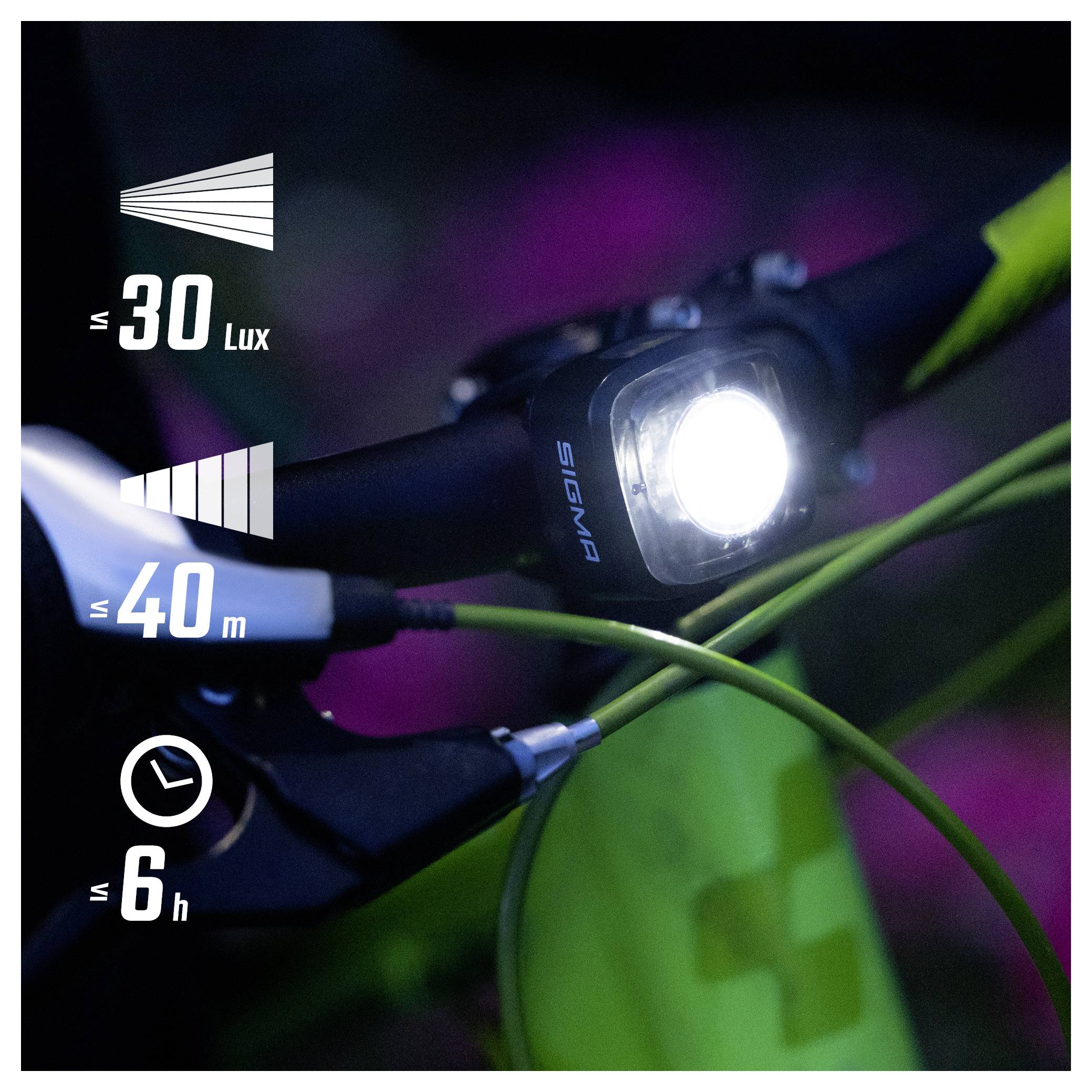 Close-up van een verlichte Sigma-fietslamp met specificaties voor bereik: tot 30 lux, tot 40 m en tot 6 uur looptijd.