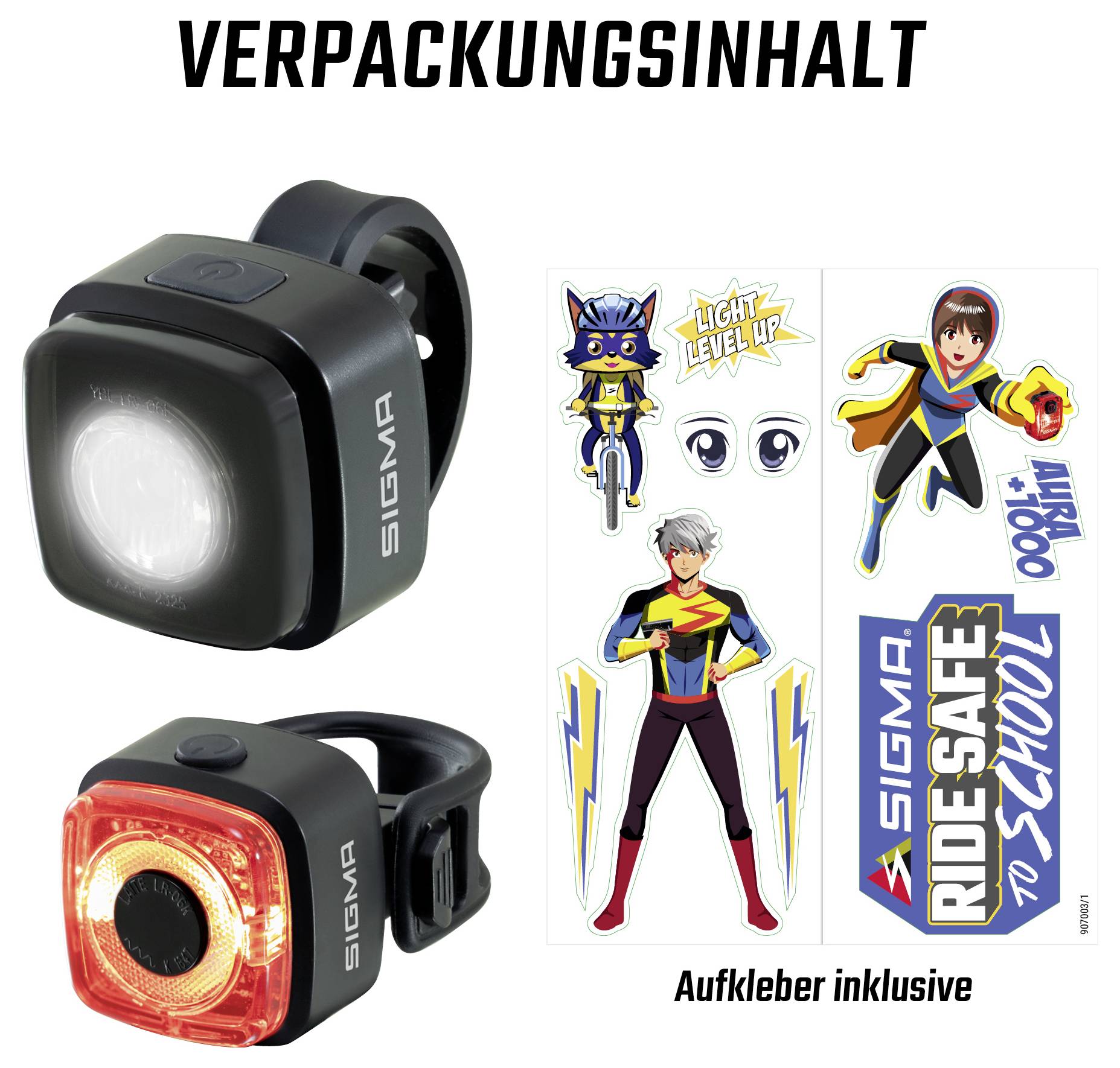 Productafbeelding met twee SIGMA-lampen voor fiets/hardlopen: voor witte voorlamp, onder rode achterlamp; rechts inclusief sticker met stripfiguren.