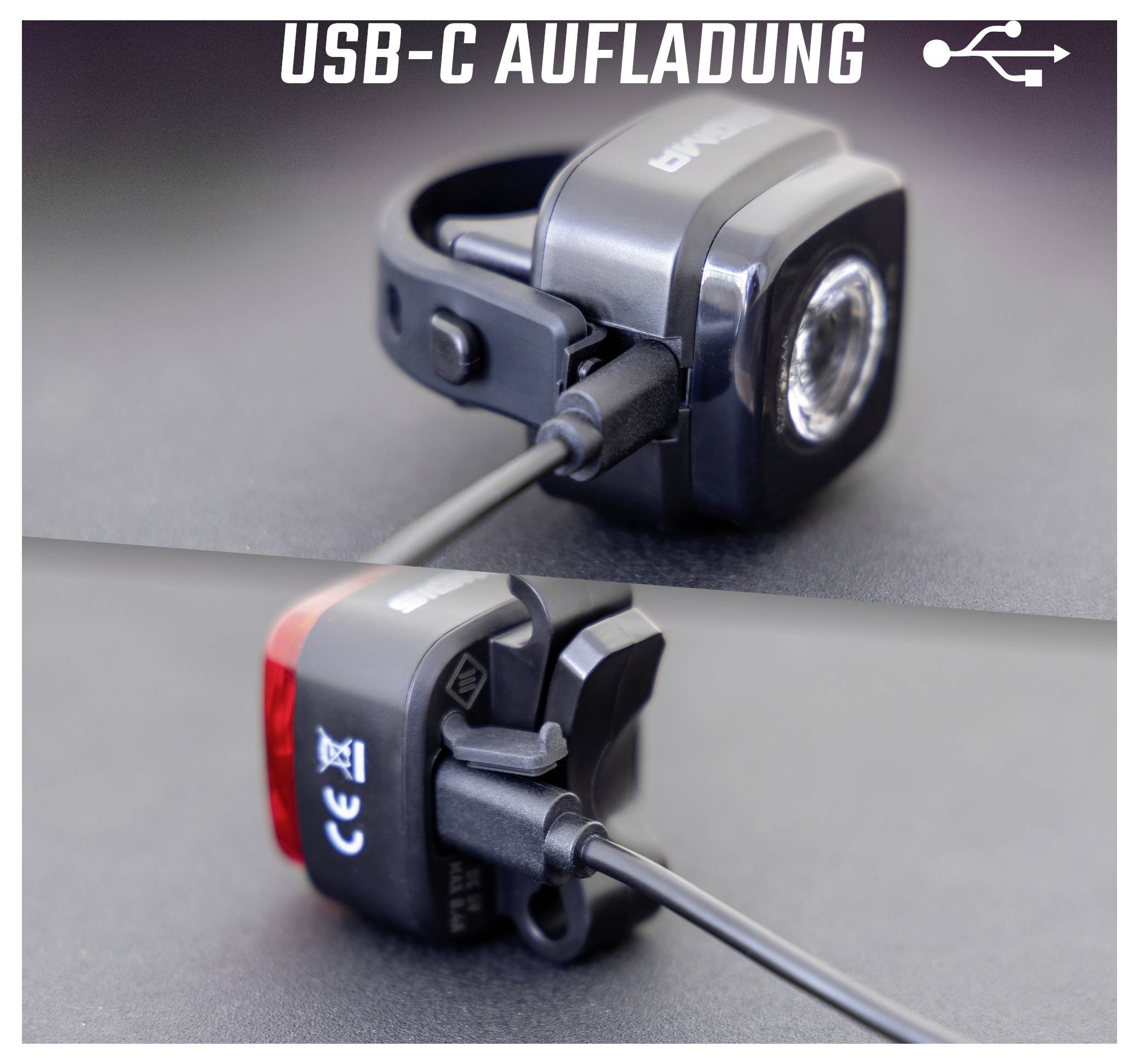 Tweedelige productweergave van een kleine fietslamp met aangesloten USB-C-oplaadkabel, bovenaan met voorlicht en opschrift 'USB-C OPLADEN'.