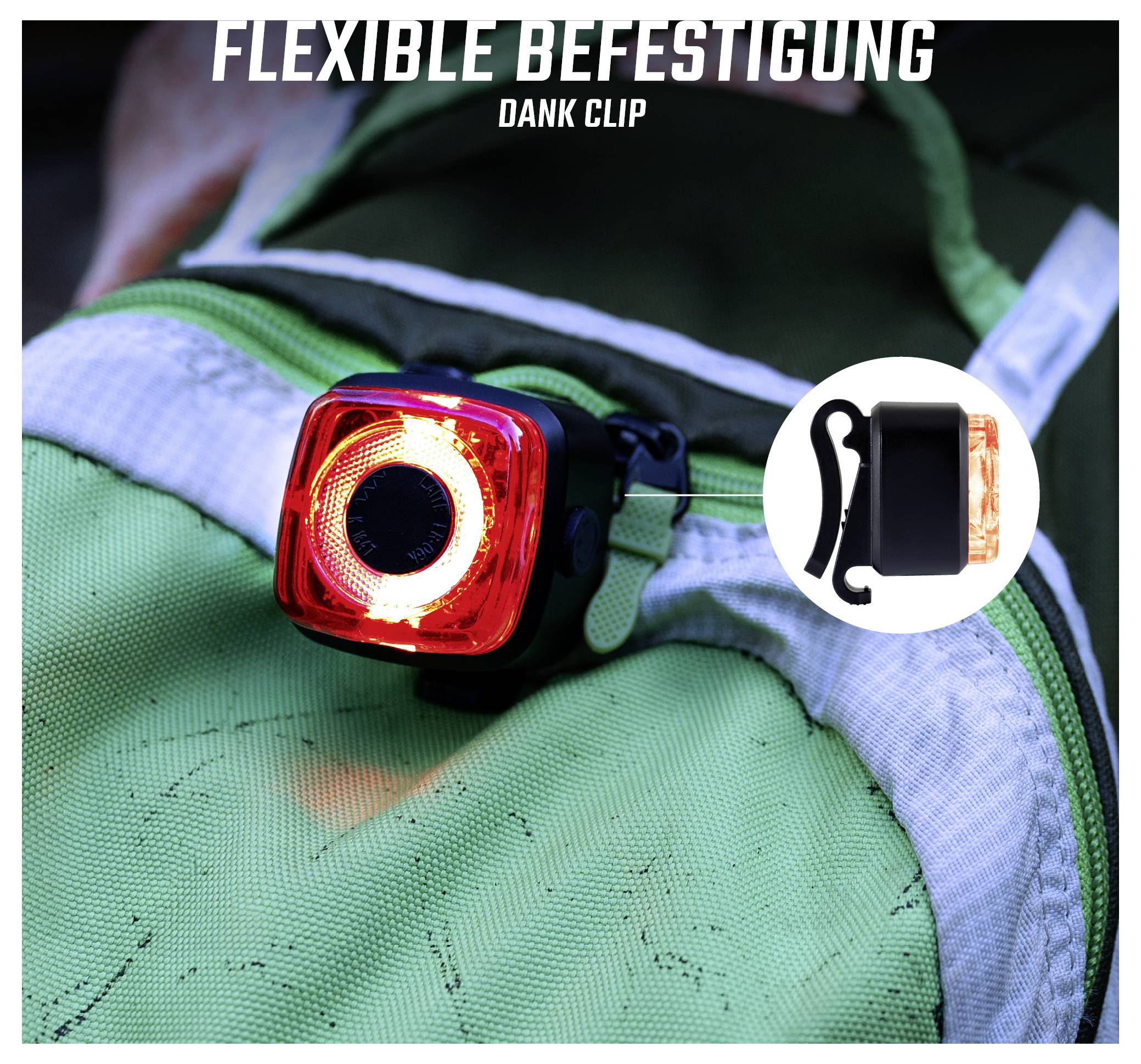 Rood veiligheds-LED-licht met clip aan een groene rugzak; tekst bovenaan: 'FLEXIBELE BEVESTIGING' en 'DANKZIJ CLIP'.