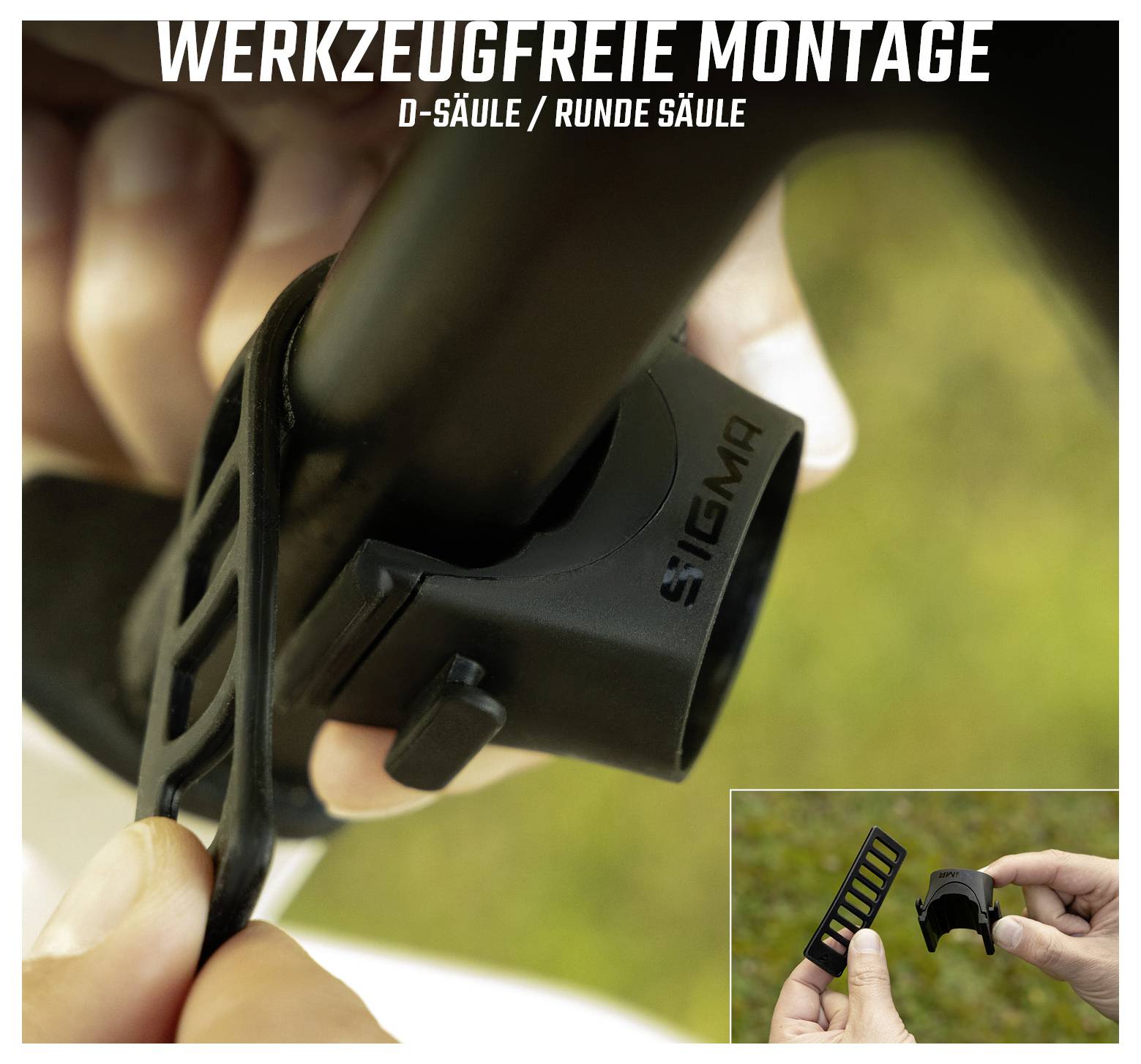 Close-up van de gereedschapsloze montage van een SIGMA-beugel aan een D-zijl of ronde zadelpen; insertdetail en klein inzetje met beugeldeel in de hand.