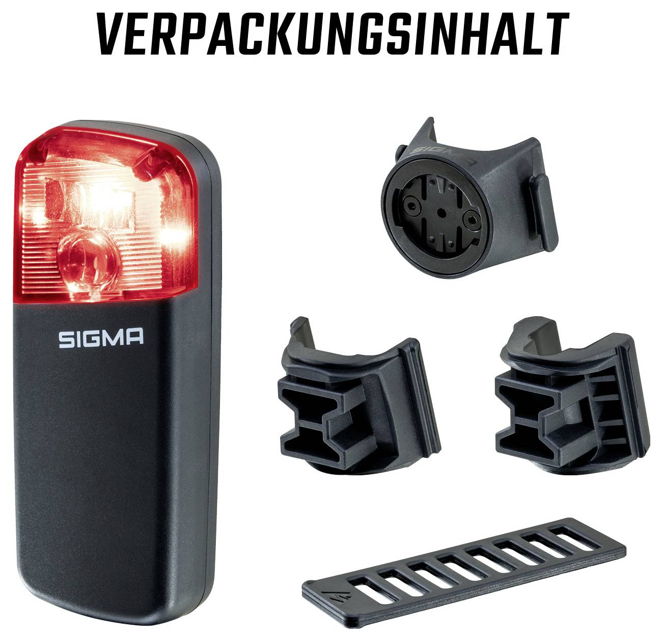 Productoverzicht met Sigma-fietslampje achterlicht en bijgeleverd accessoires: Beugels, montageadapters en elastiekband, Koptekst 'VERPAKKINGSINHOUD'.