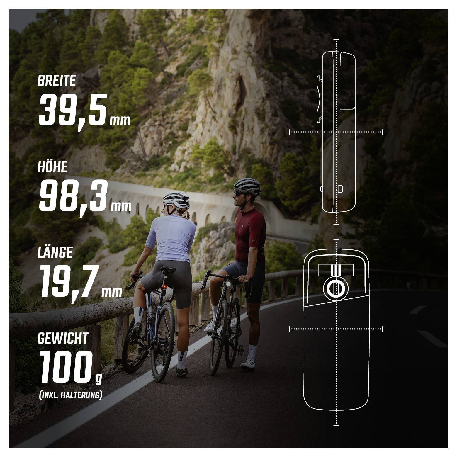 Afmetingen van een fietsverlichting: breedte 39,5 mm, hoogte 98,3 mm, lengte 19,7 mm, gewicht 100 g inclusief beugel; ernaast fietser op bergweg en technische schets.