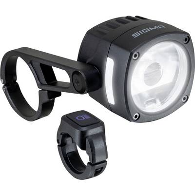 Zwarte Sigma fietskoplamp met stuurbevestiging en apart clip-on accessoire getoond op witte achtergrond.