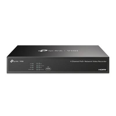 TP-Link VIGI 4-kanaals PoE-netwerkvideomagneetron, zwarte voorkant met statuslampjes, USB-poort en HDMI-uitgang.